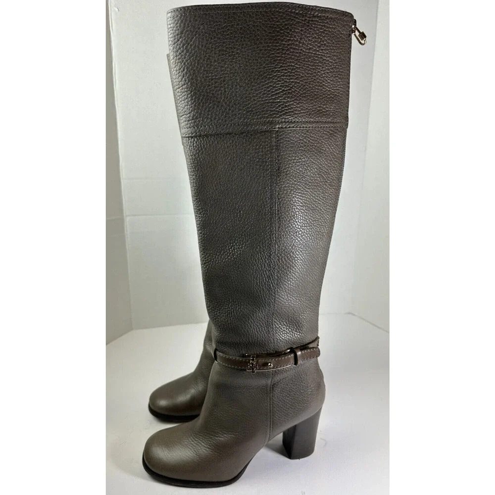 Tory Burch Pebbled Leather Back Zip Tall Block Heeled Buckle Boots Gray Size 6 M - Picture 15 of 15